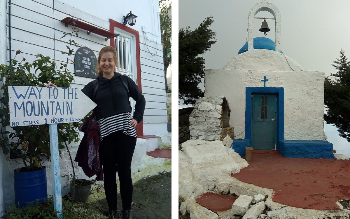 At the start of a hike beside a typical Greek Orthodox church