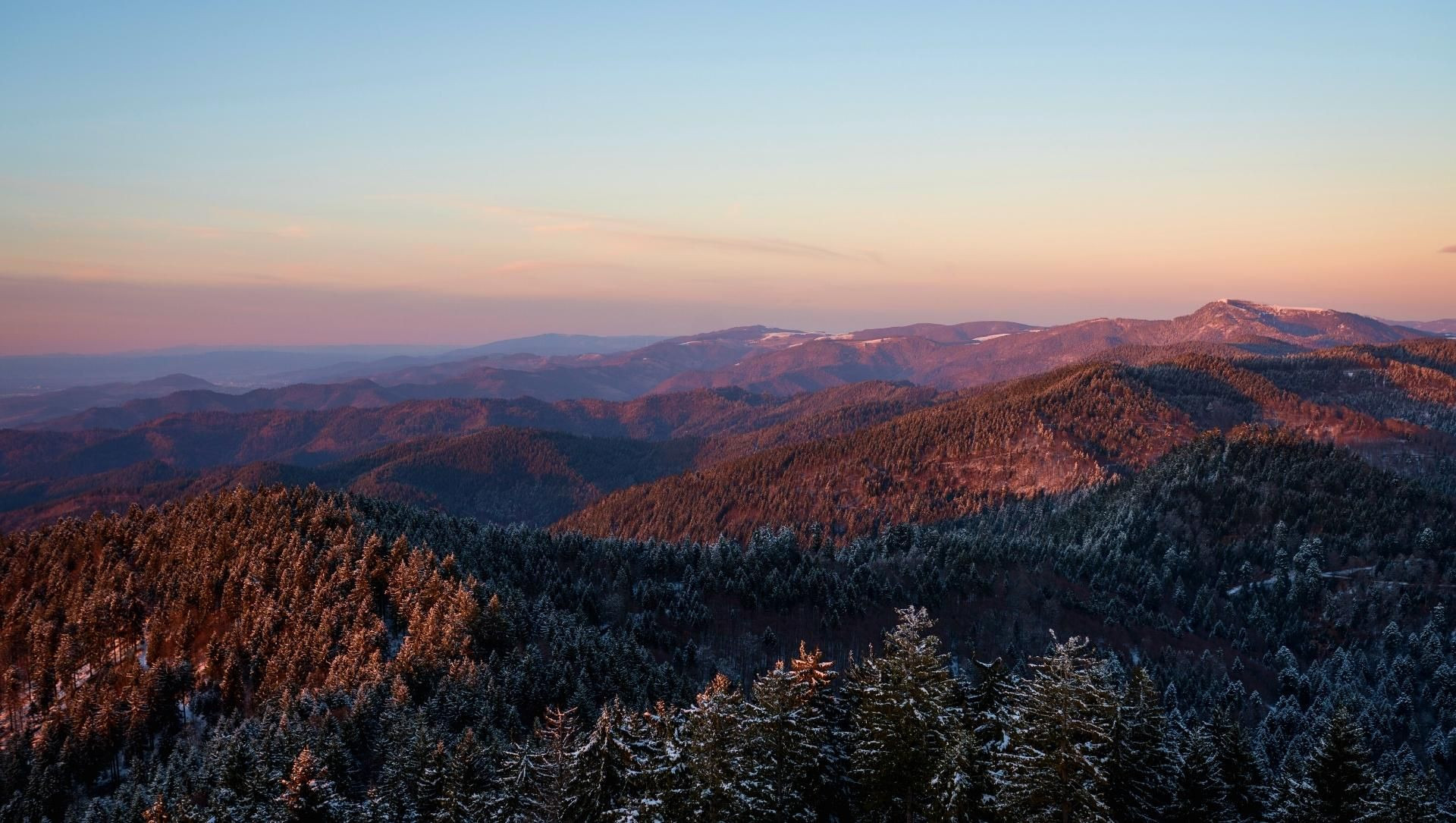Snowy wooded hills at dusk - Southern Black Forest - Germany