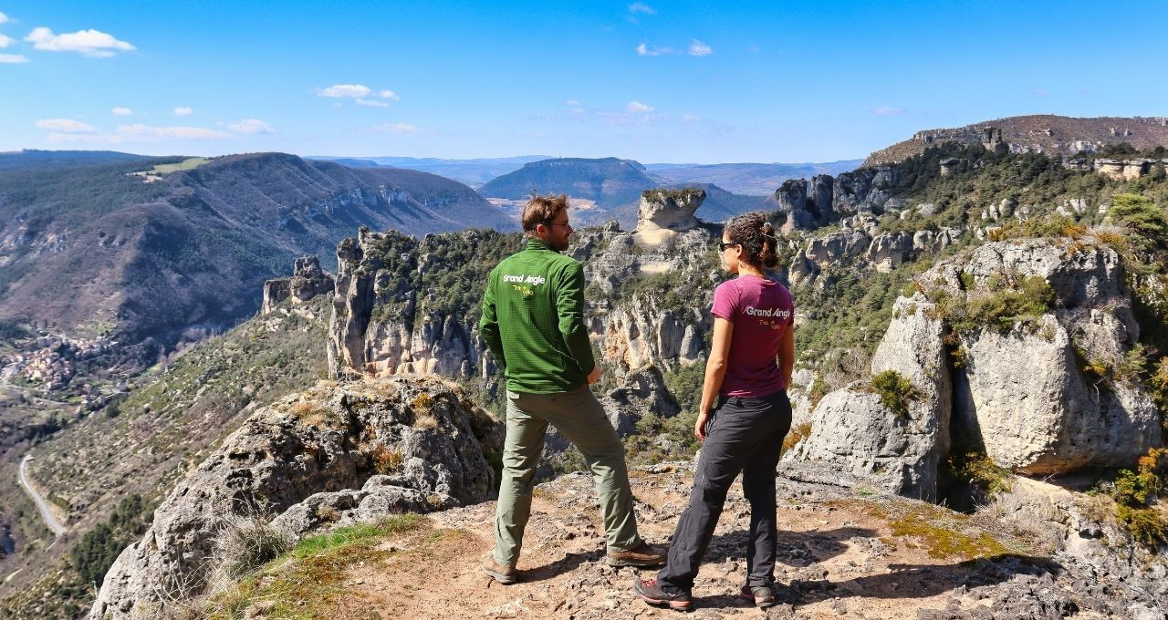 Hikers facing the Jonte gorges - Causses - France