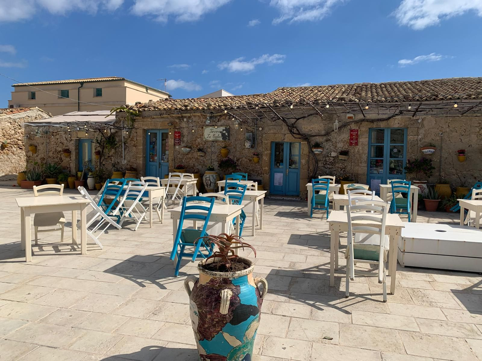 Blue-shuttered café terrace - Marzamemi - Sicily - Italy