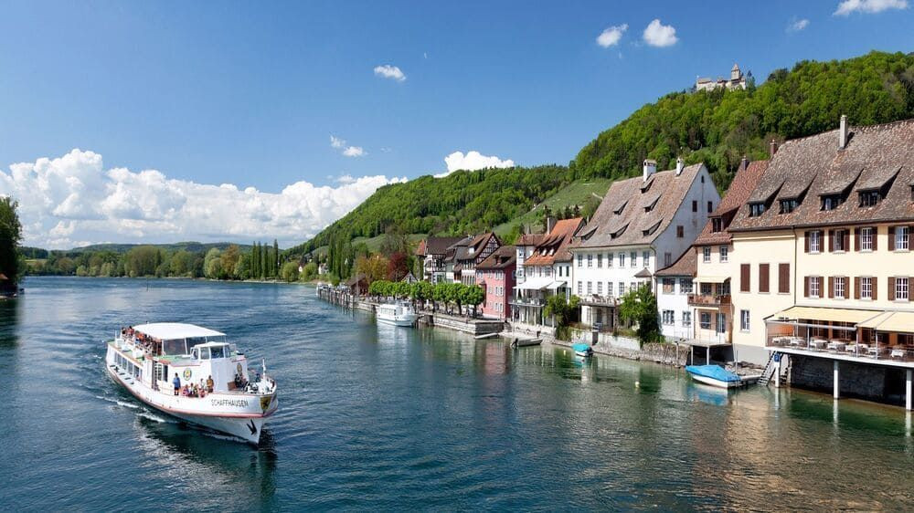 Boat and old town of Stein am Rhein along the Rhine - Switzerland