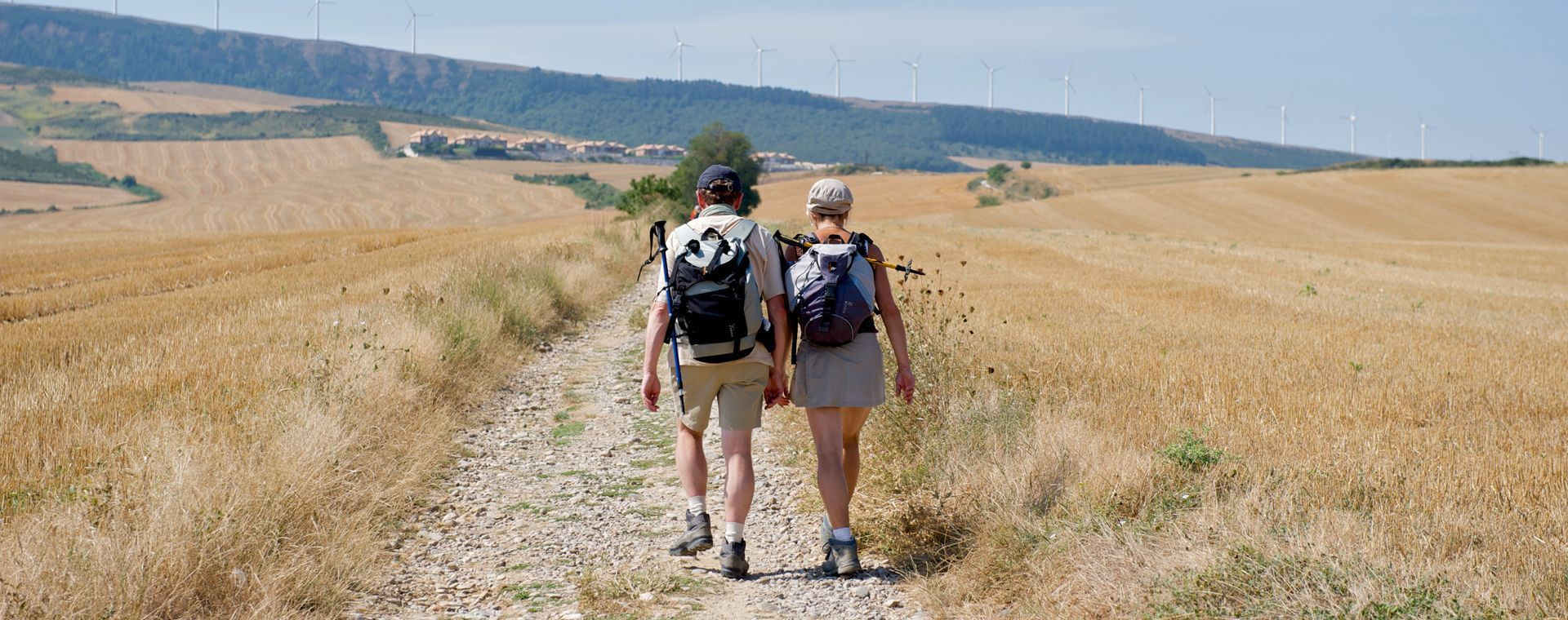 Pilgrims on the Camino through fields - Saint-Jean-Pied-de-Port to Logroño - Spain