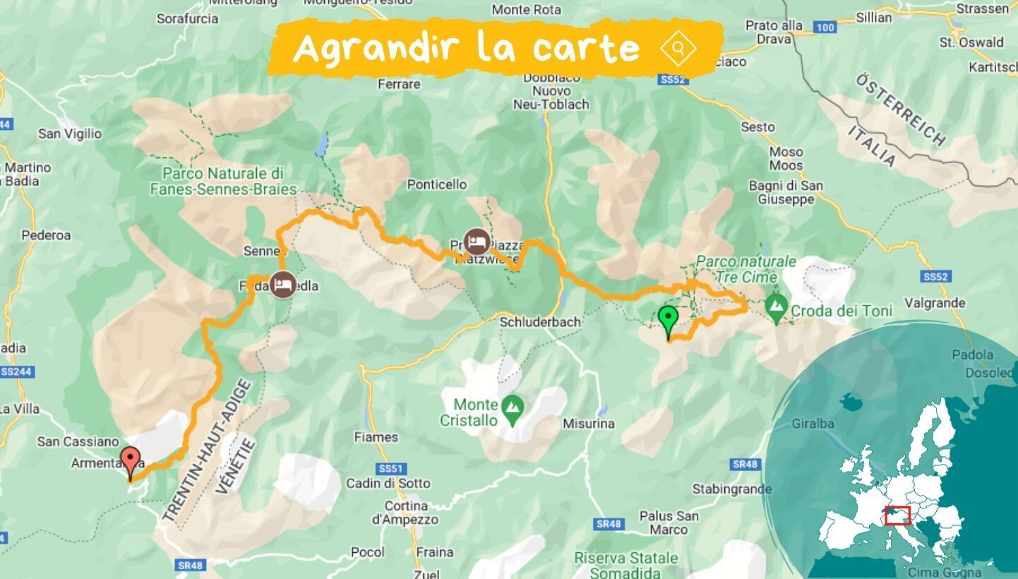 Map of a 3-day hike in the Dolomites