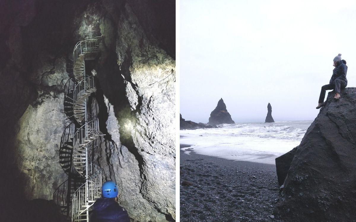 Lava cave and black sand beach in Vík í Mýrdal