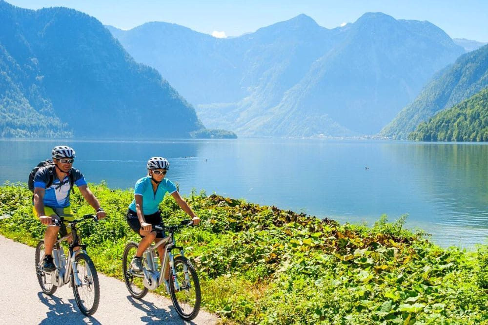 Cyclists by Hallstatt Lake