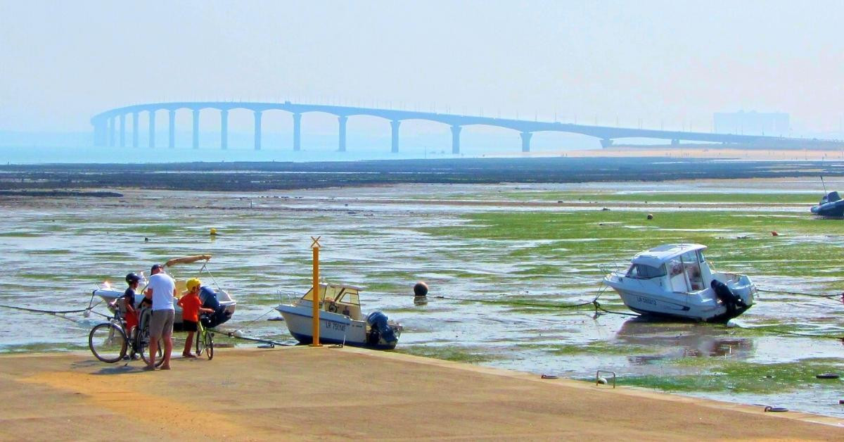 Cyclists in front of the Île de Ré bridge - Charente-Maritime
