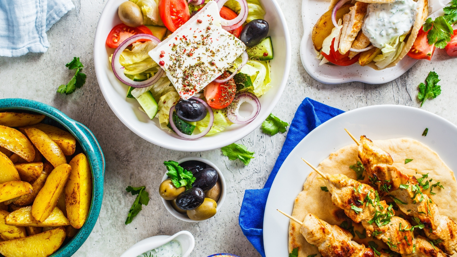 Greek specialities salad and skewers to taste - Greece