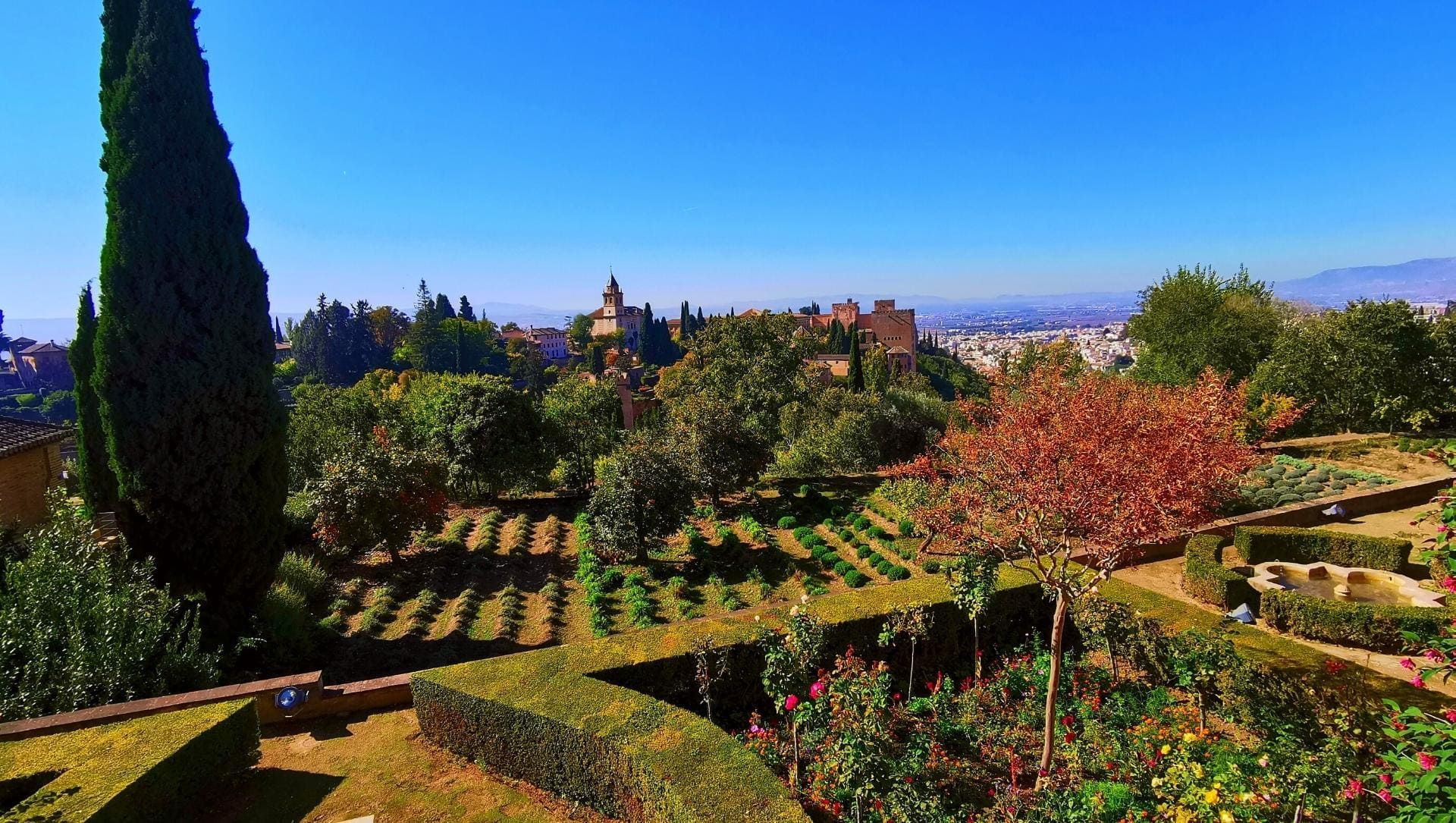 Generalife gardens and view over Granada - Andalusia, Spain