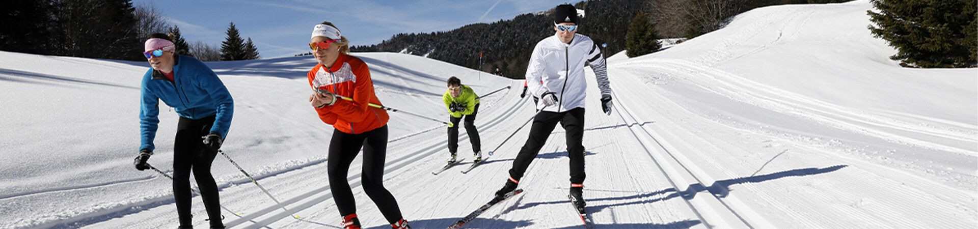 Group of cross-country skiers on a snowy track - Alps - France