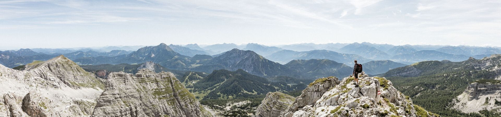 Hiker on the summit facing the mountain panorama - Alps - Europe