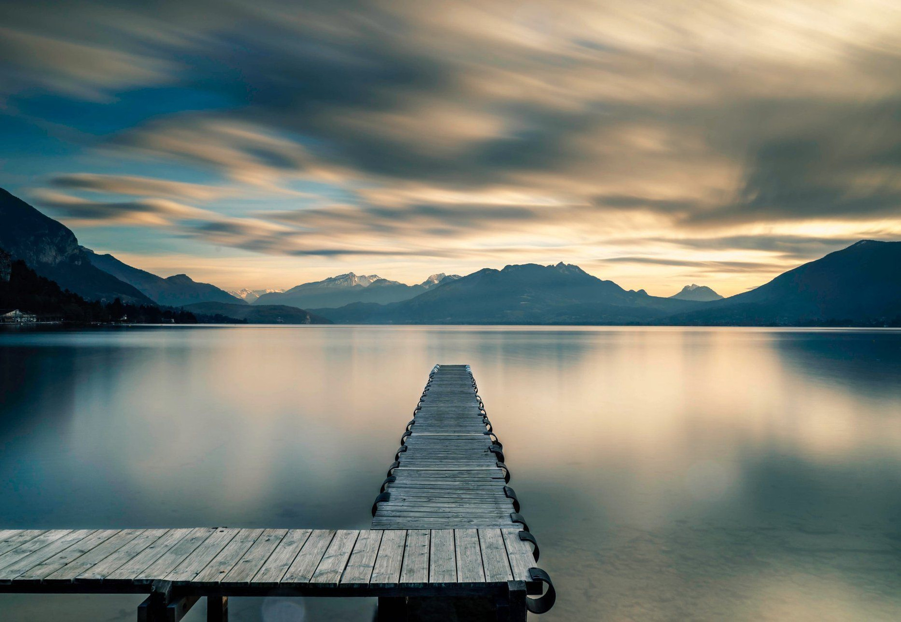 Jetty on the lake at dusk - Lake Annecy, Aravis - Alps, France