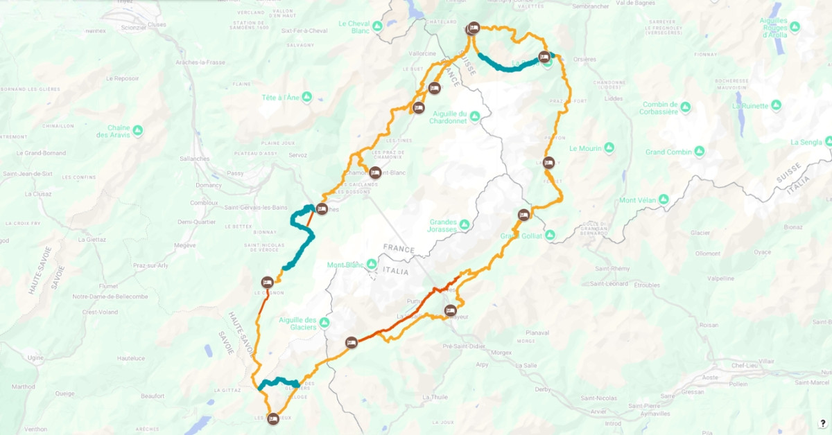Map of the Tour du Mont Blanc route variants - Alps