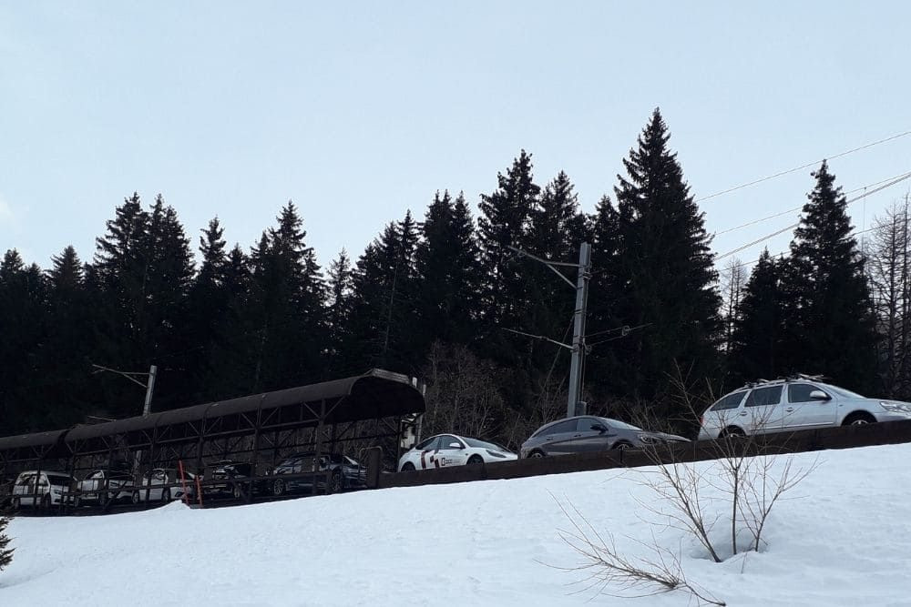 Car shuttle train through the mountain pass