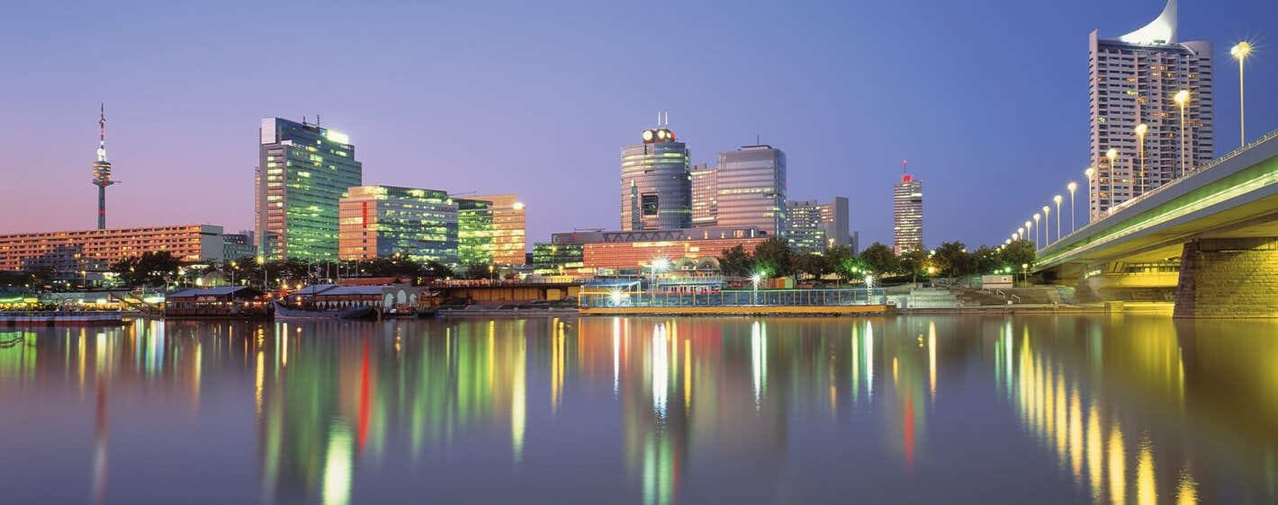Donau City business district at dusk - Vienna - Austria