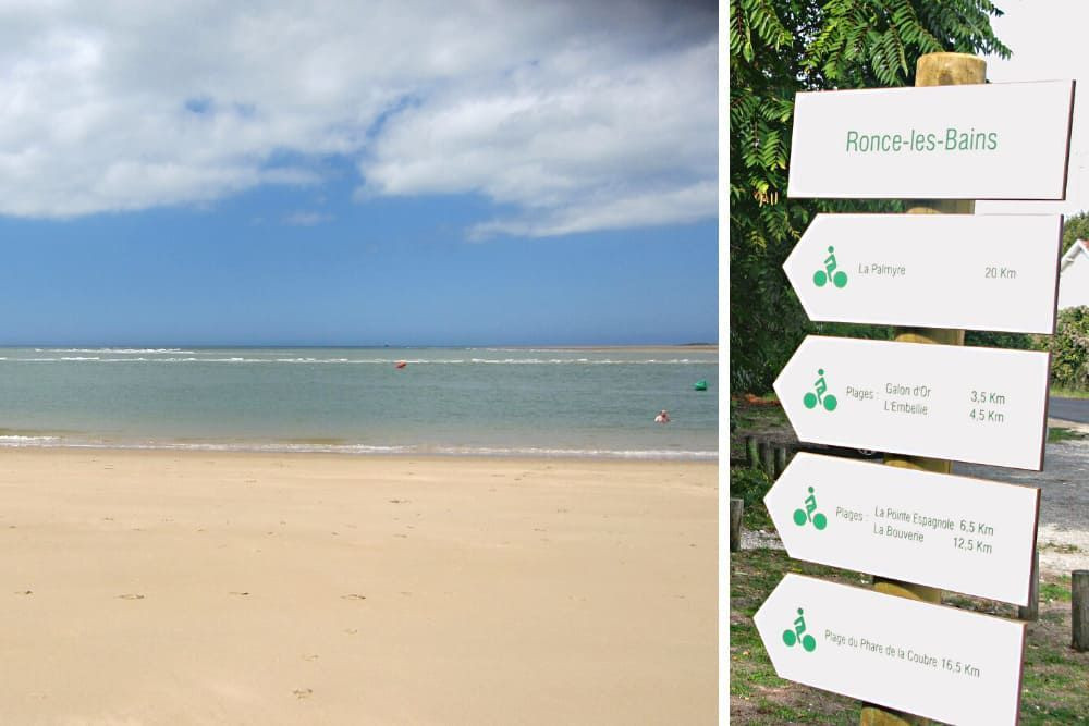 Ronce-les-Bains beach near Royan © Charlotte Laventureux & Route signs from Ronce © Anne-Marie Billault