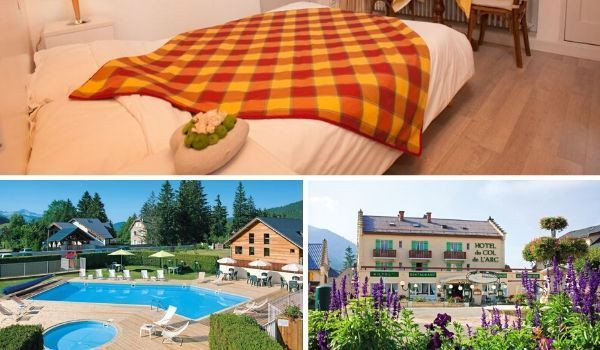 Room, pool and exterior of the Hôtel du Col de l'Arc in Lans-en-Vercors