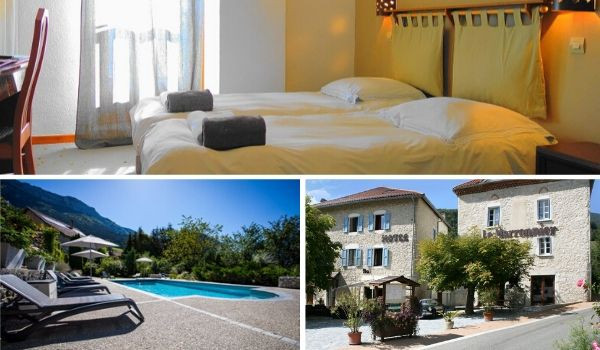 Room, pool and exterior of Hôtel Le Marronnier in Rencurel