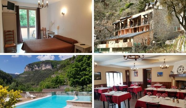 Room, restaurant and swimming pool at Hotel de la Jonte in Les Douzes