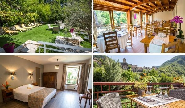 Room, restaurant, terrace and relaxation area at a hotel in Le Rozier