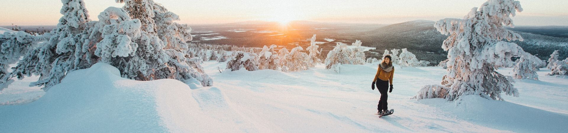 Snowshoer at sunset among snowy trees - Levi - Finnish Lapland