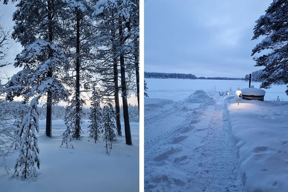 Sauna beside the frozen lake and snow-covered forest