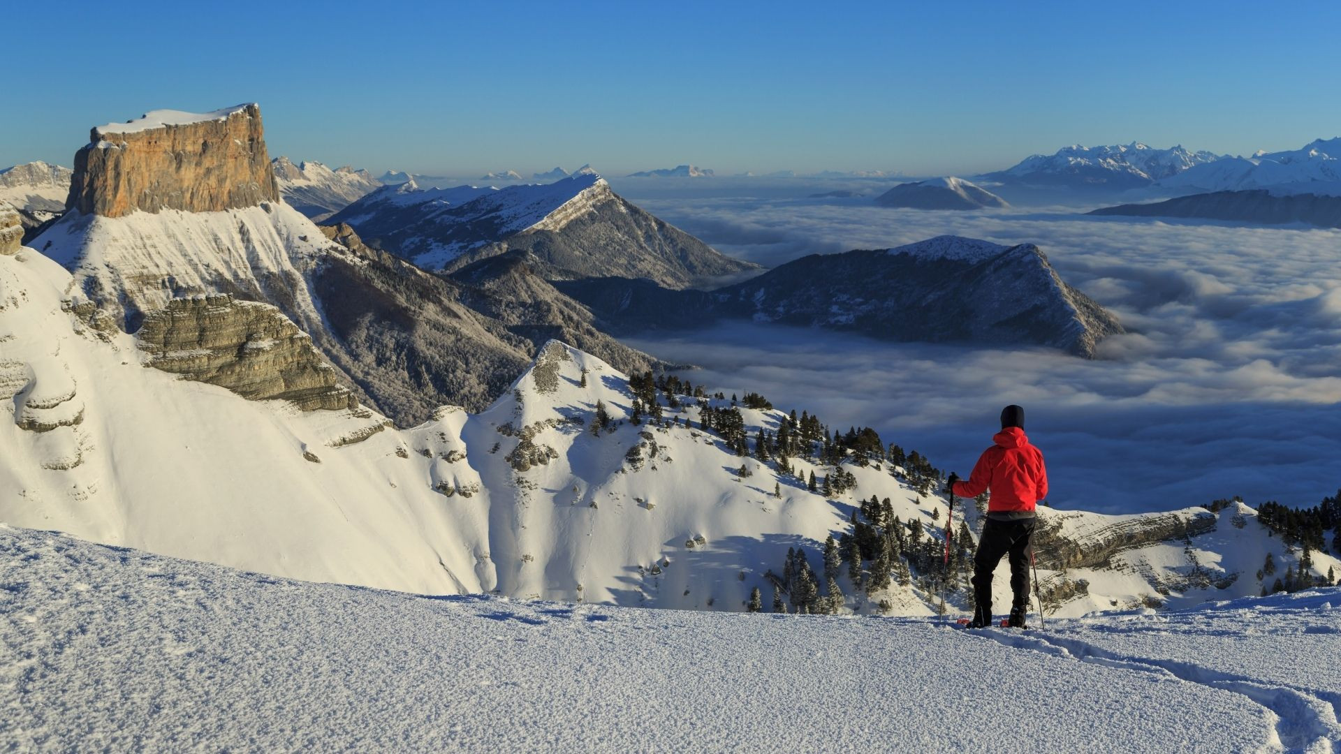 Snowshoeing facing the snow-covered Mont Aiguille - Vercors - France