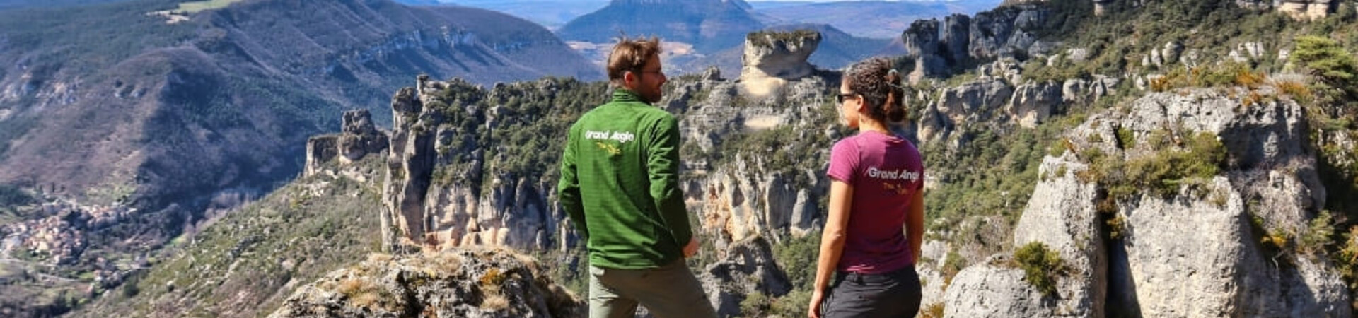 Hikers above the Gorges de la Jonte - Cévennes - France
