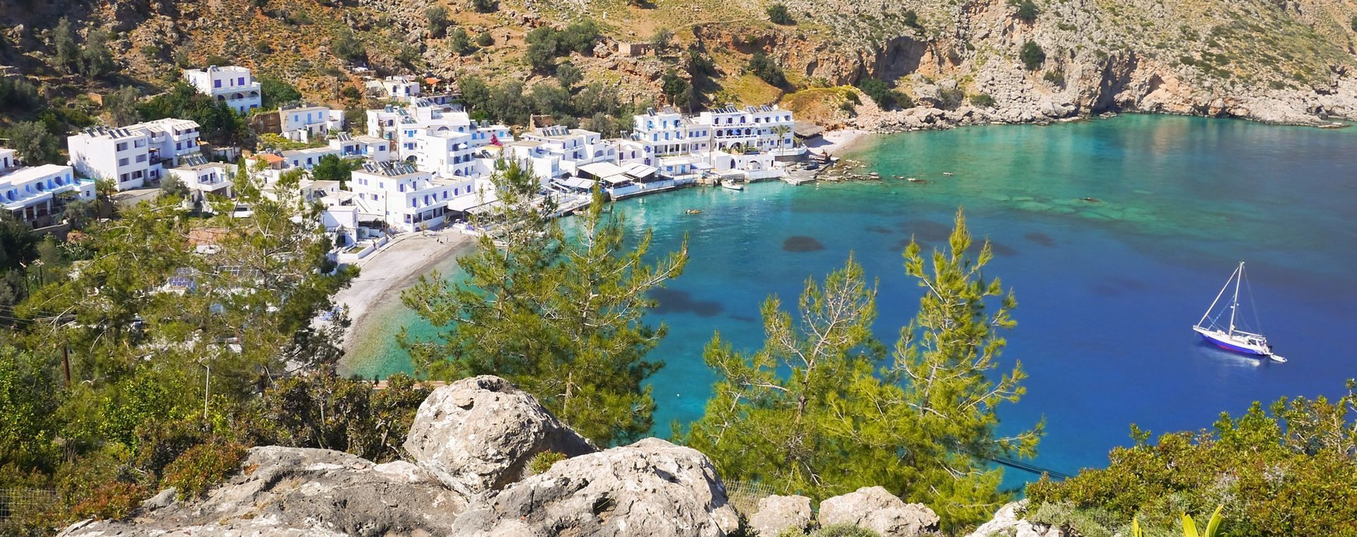 White village of Loutro and turquoise bay - Crete - Greece